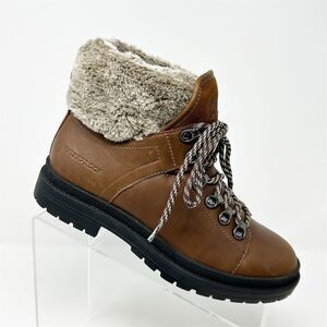 Cougar Brown Waterproof Leather Faux Fur Lace-Up Combat Boots Size 6.5-7**